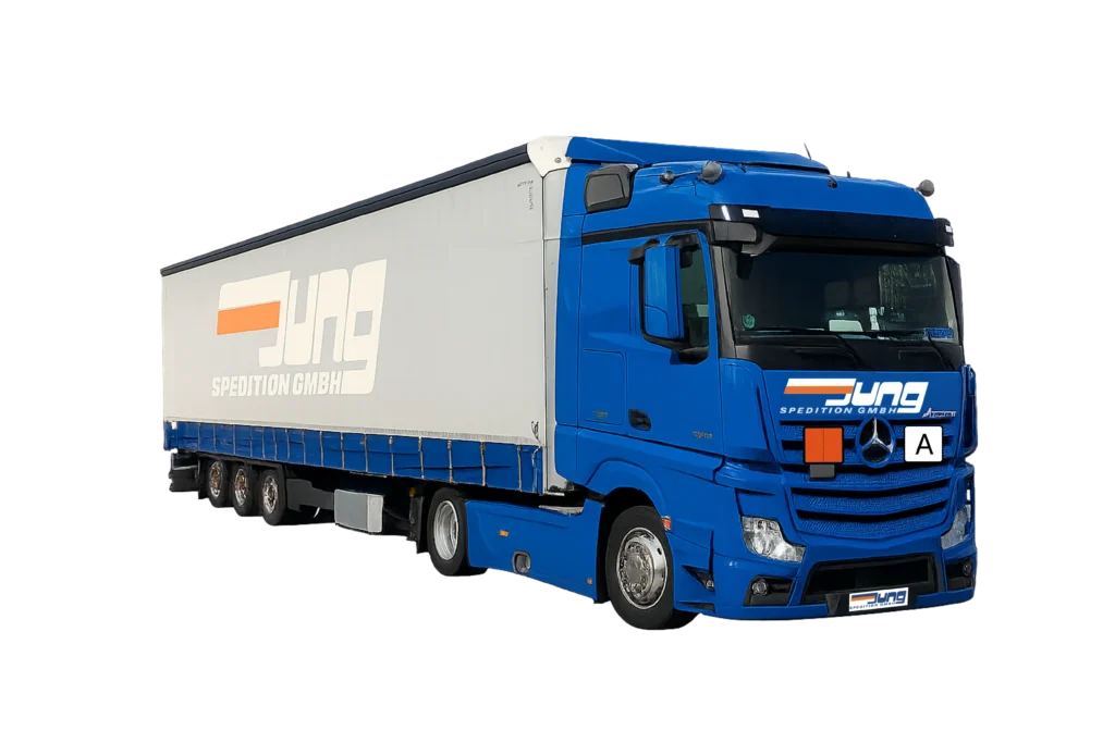 LKW Transport. Aufschrift Spedition Jung. Farbverlauf Hintergrund ist Blau.
